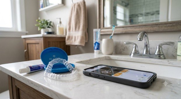 Aligner tray next to smartphone that tracks how long it’s worn per day with a goal of 15 hours