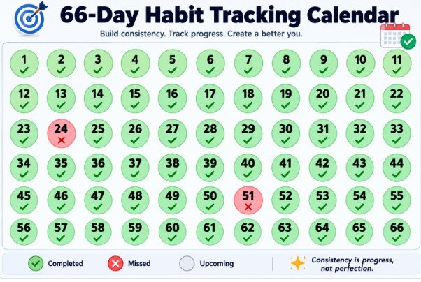 Sixty-six-day habit tracking calendar grid with two missed days marked in a different color